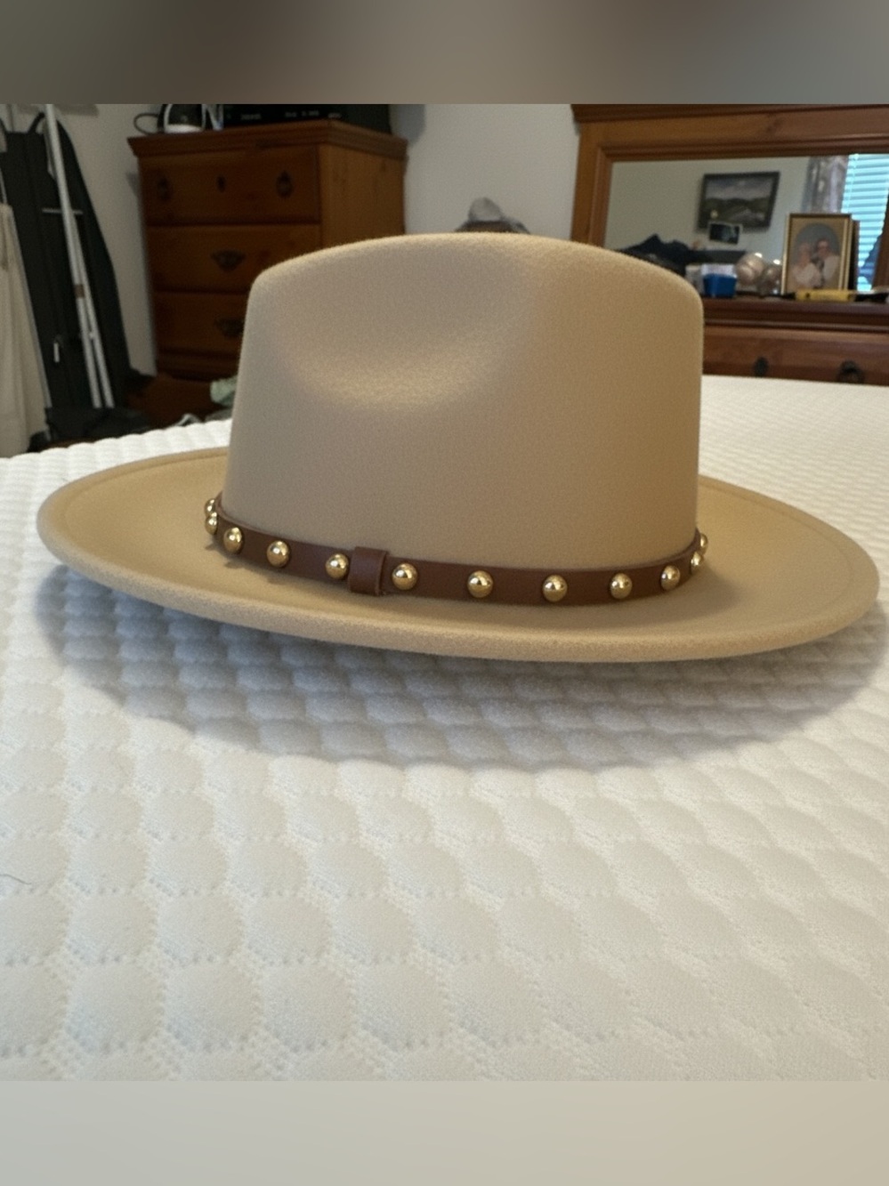 Studded Rancher Felt Hat in Beige with Brown Band